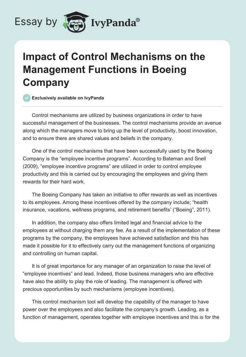 Impact of Control Mechanisms on the Management Functions in Boeing Company. Page 1