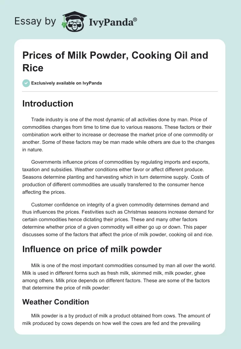 Prices of Milk Powder, Cooking Oil and Rice. Page 1