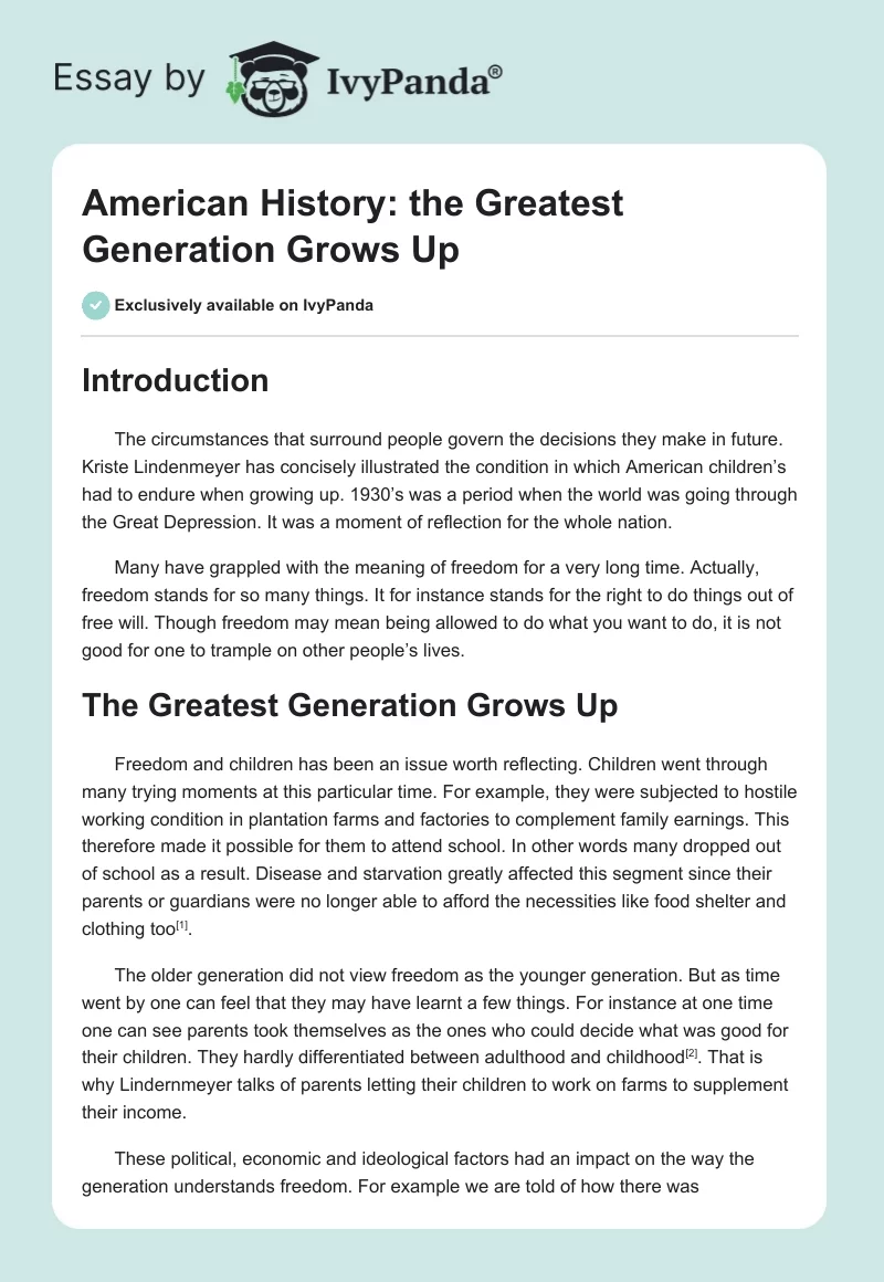 American History: the Greatest Generation Grows Up. Page 1
