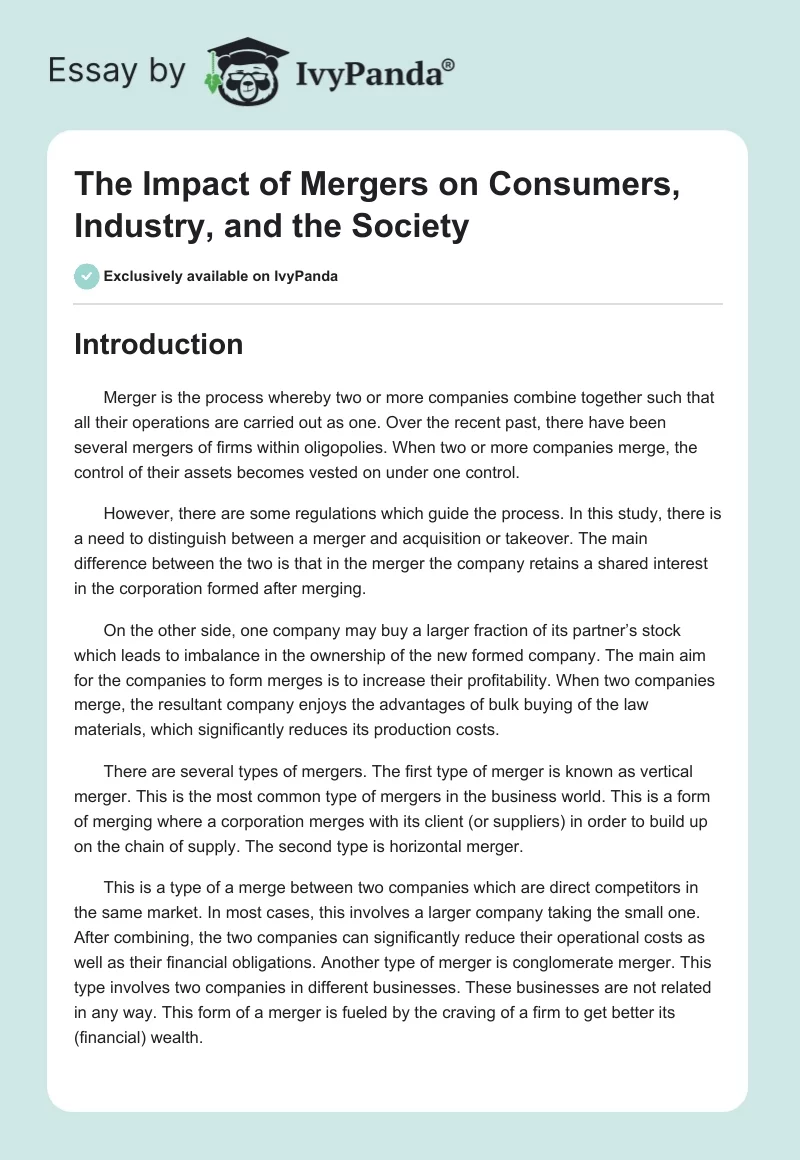 The Impact of Mergers on Consumers, Industry, and the Society. Page 1
