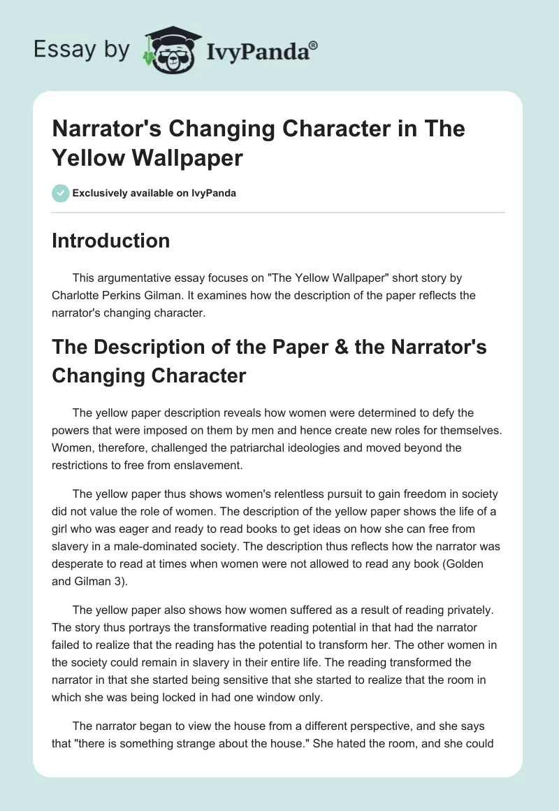 Narrator's Changing Character in "The Yellow Wallpaper". Page 1