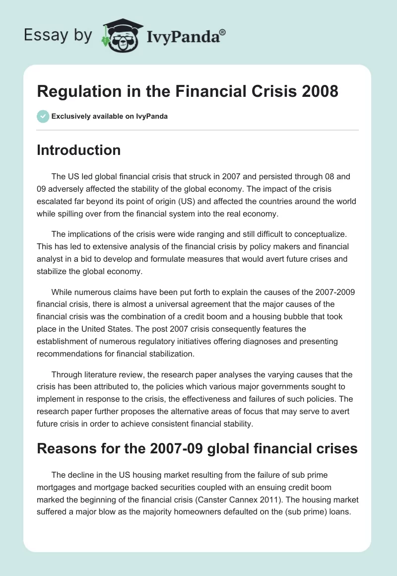Regulation in the Financial Crisis 2008. Page 1