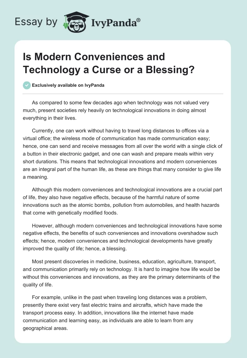 Is Modern Conveniences and Technology a Curse or a Blessing?. Page 1
