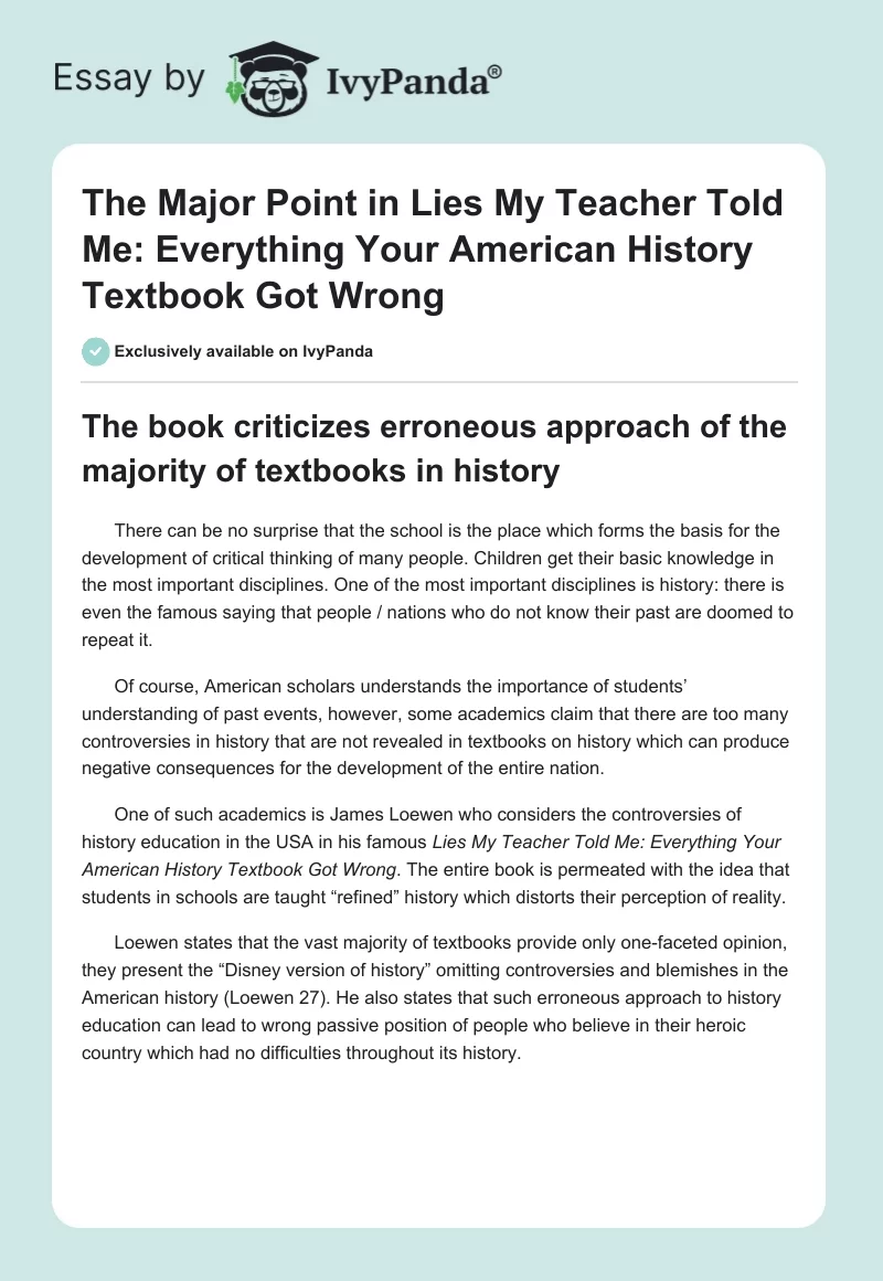 The Major Point in Lies My Teacher Told Me: Everything Your American History Textbook Got Wrong. Page 1