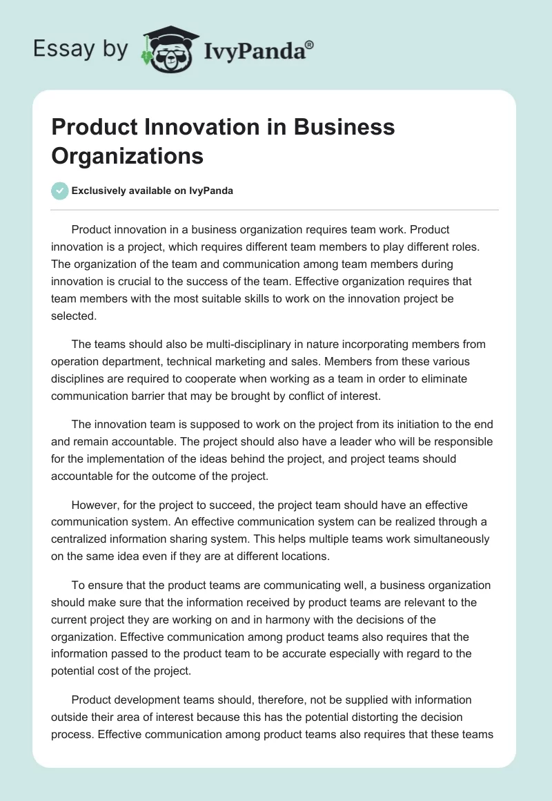 Product Innovation in Business Organizations. Page 1