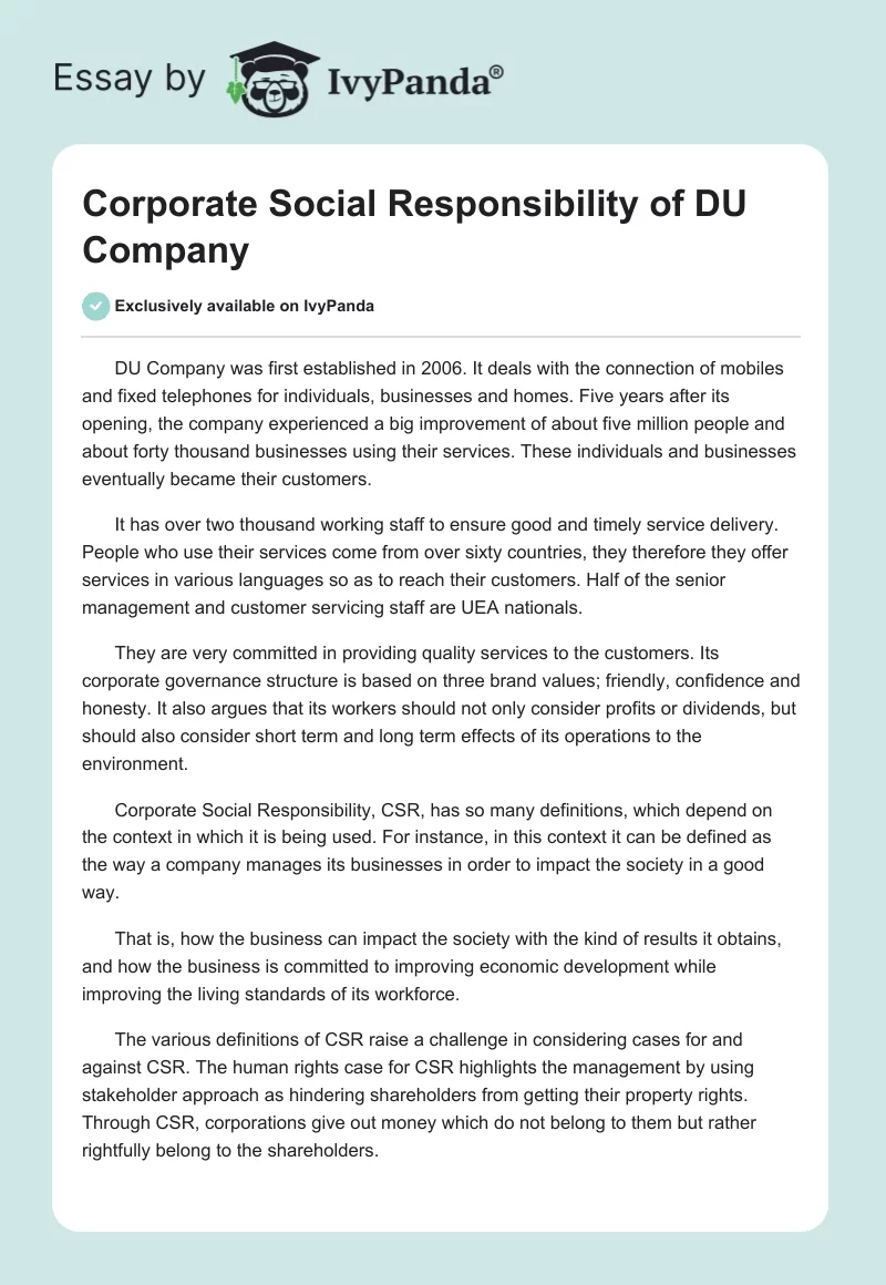Corporate Social Responsibility of DU Company. Page 1