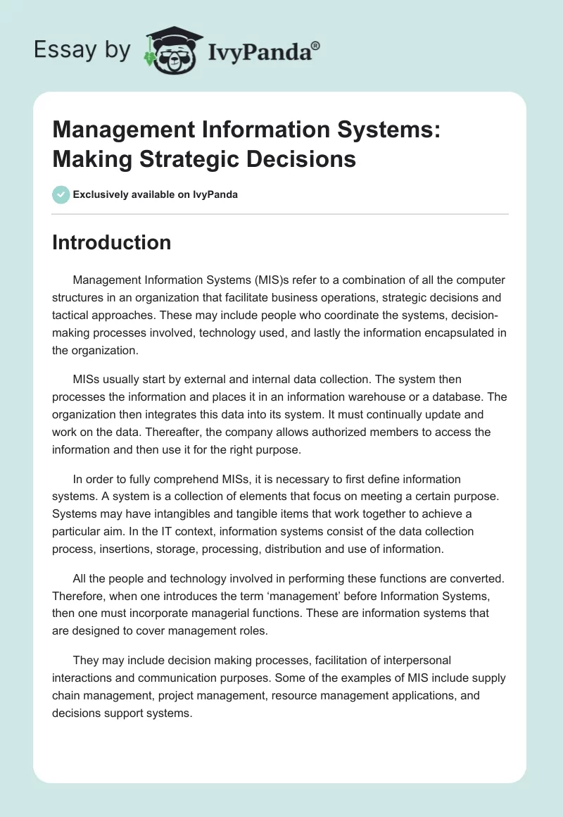 Management Information Systems: Making Strategic Decisions. Page 1