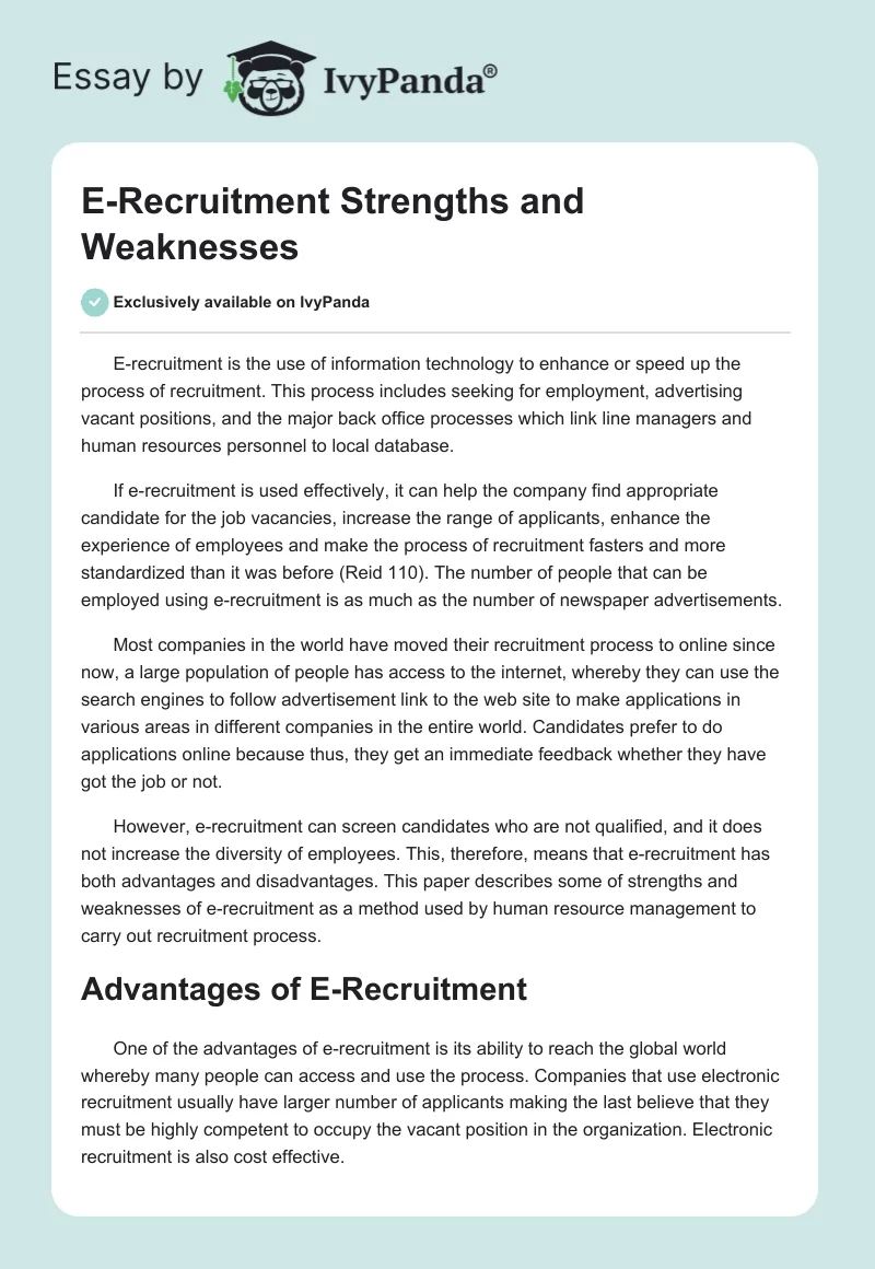 E-Recruitment Strengths and Weaknesses. Page 1