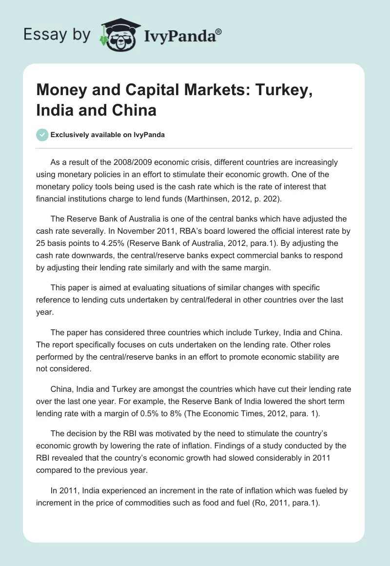 Money and Capital Markets: Turkey, India and China. Page 1