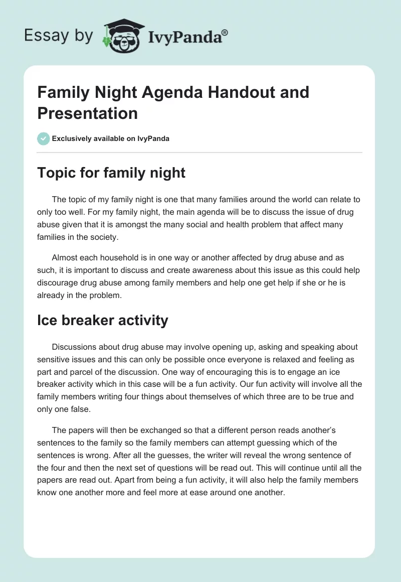 Family Night Agenda Handout and Presentation. Page 1