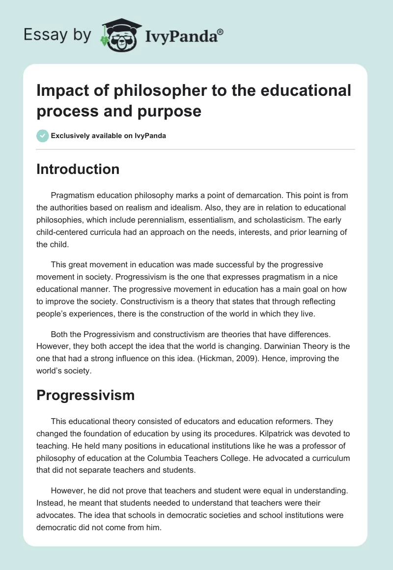 Impact of philosopher to the educational process and purpose. Page 1