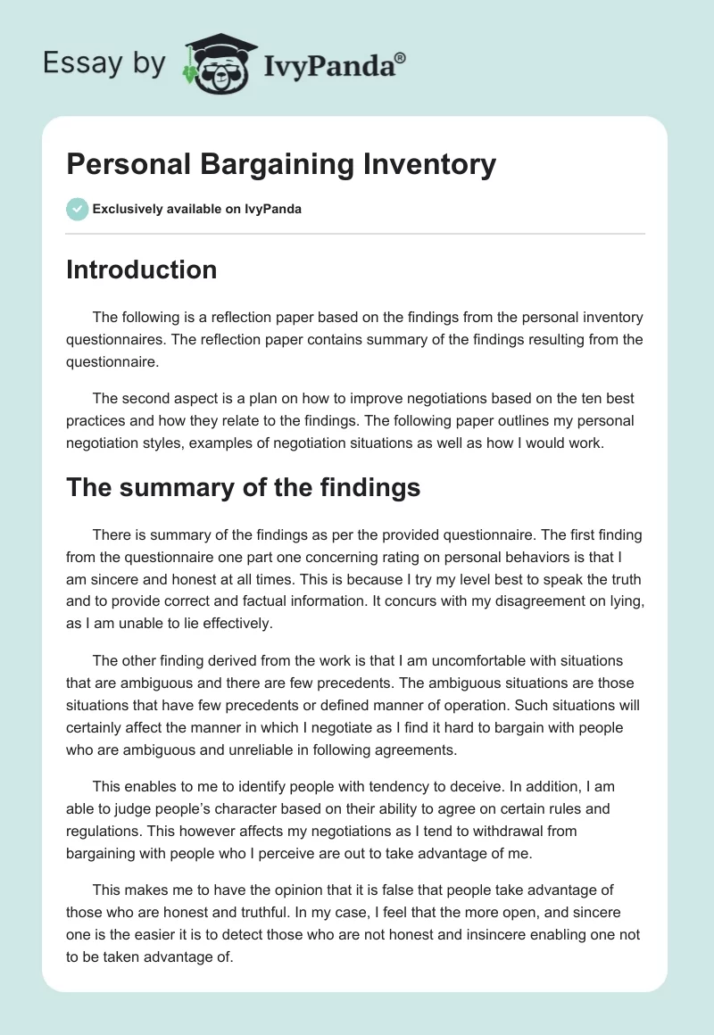 Personal Bargaining Inventory. Page 1