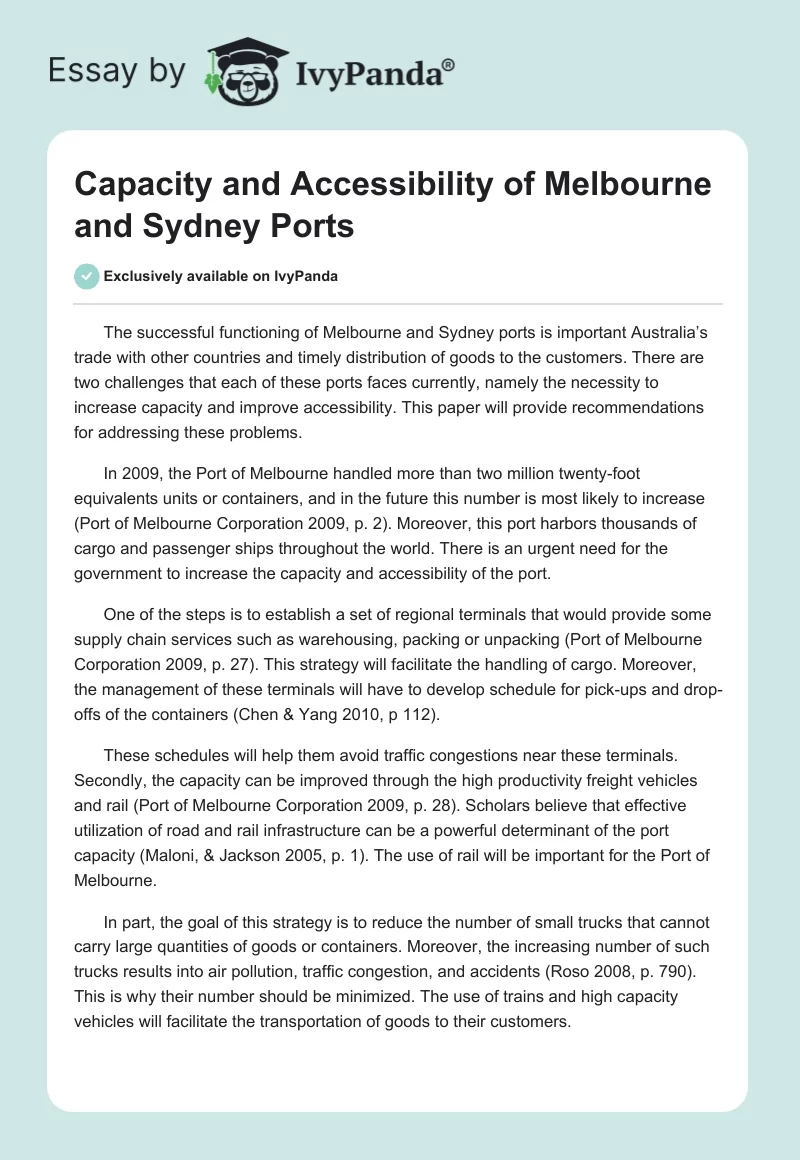 Capacity and Accessibility of Melbourne and Sydney Ports. Page 1