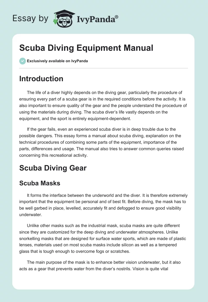 Scuba Diving Equipment Manual. Page 1