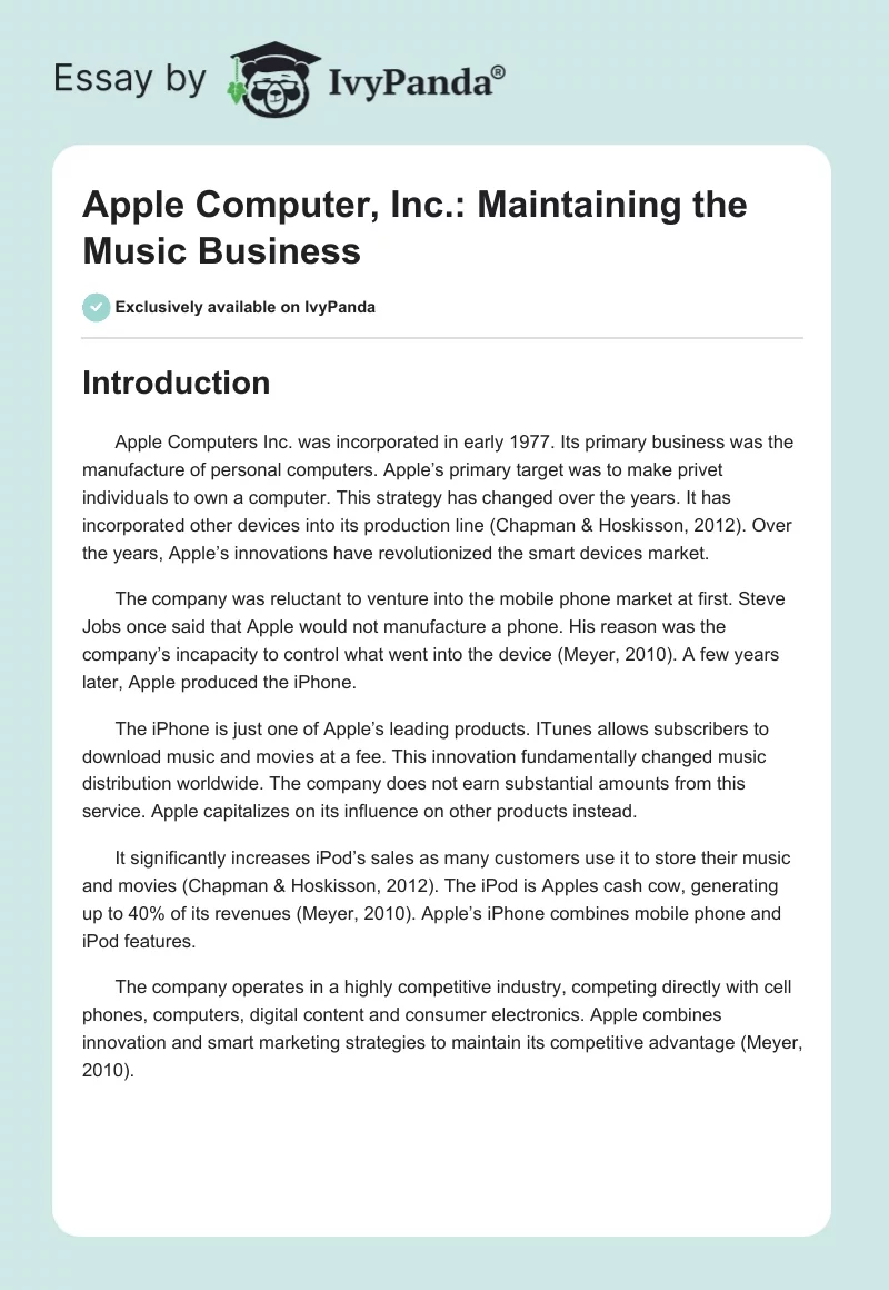 Apple Computer, Inc.: Maintaining the Music Business. Page 1