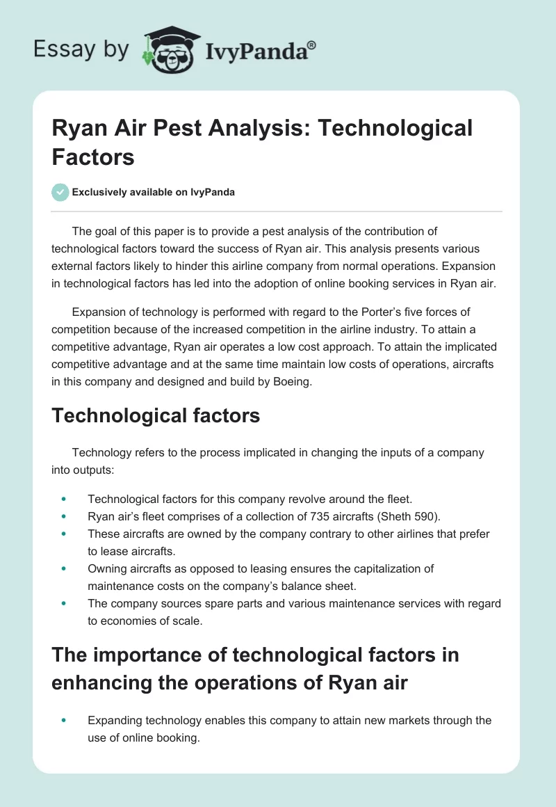 Ryan Air Pest Analysis: Technological Factors. Page 1