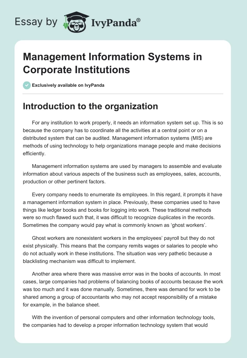 Management Information Systems in Corporate Institutions. Page 1