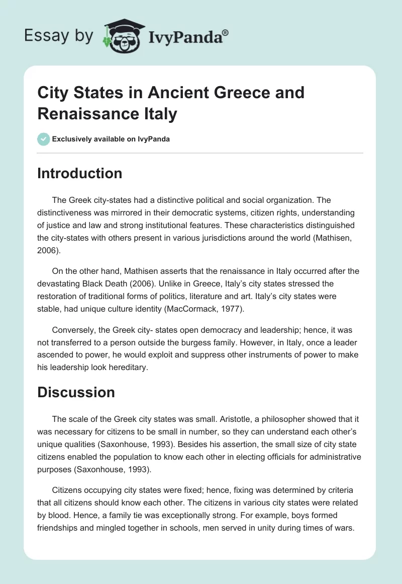 City States in Ancient Greece and Renaissance Italy. Page 1