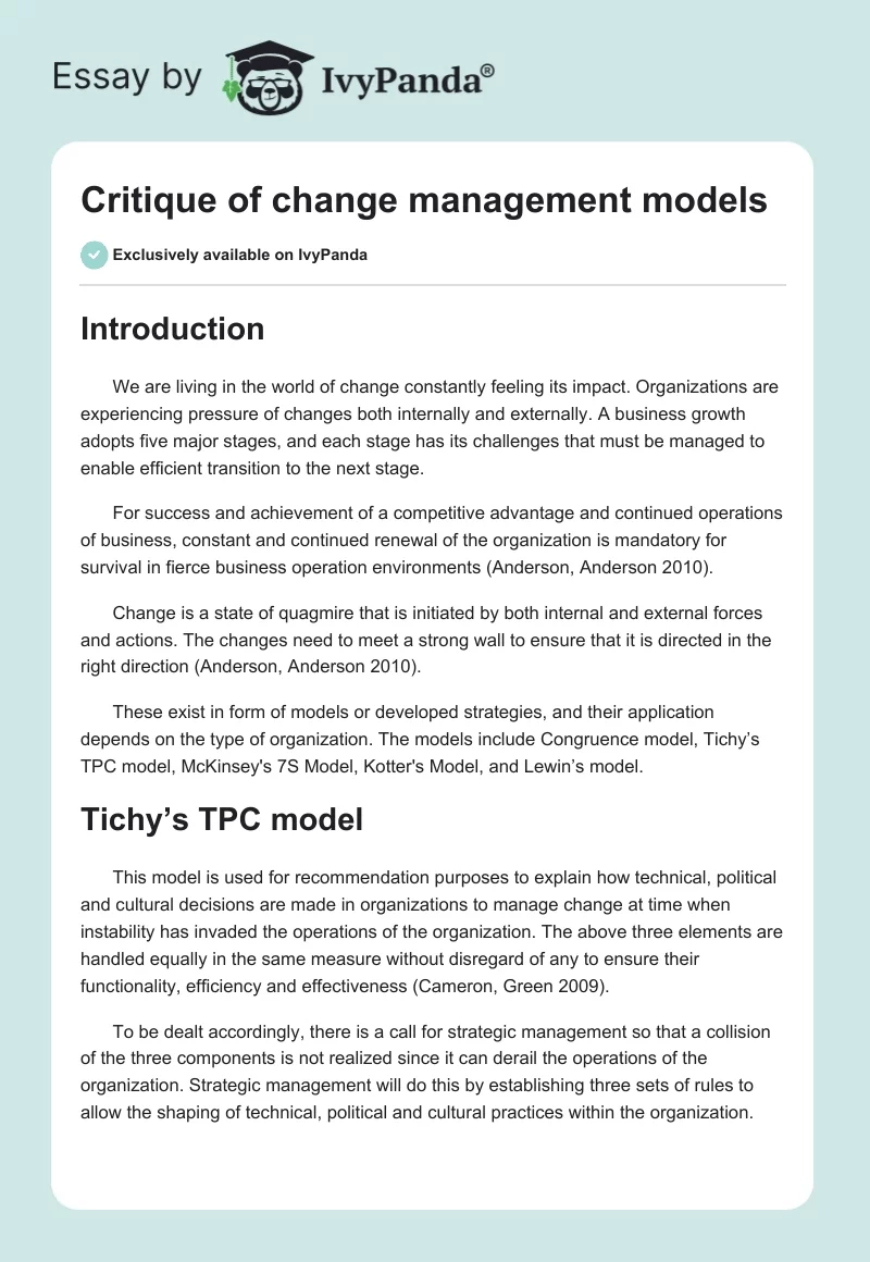 Critique of change management models. Page 1