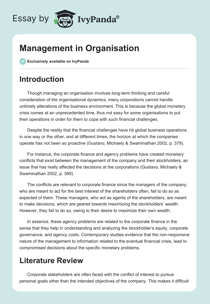 Management in Organisation. Page 1