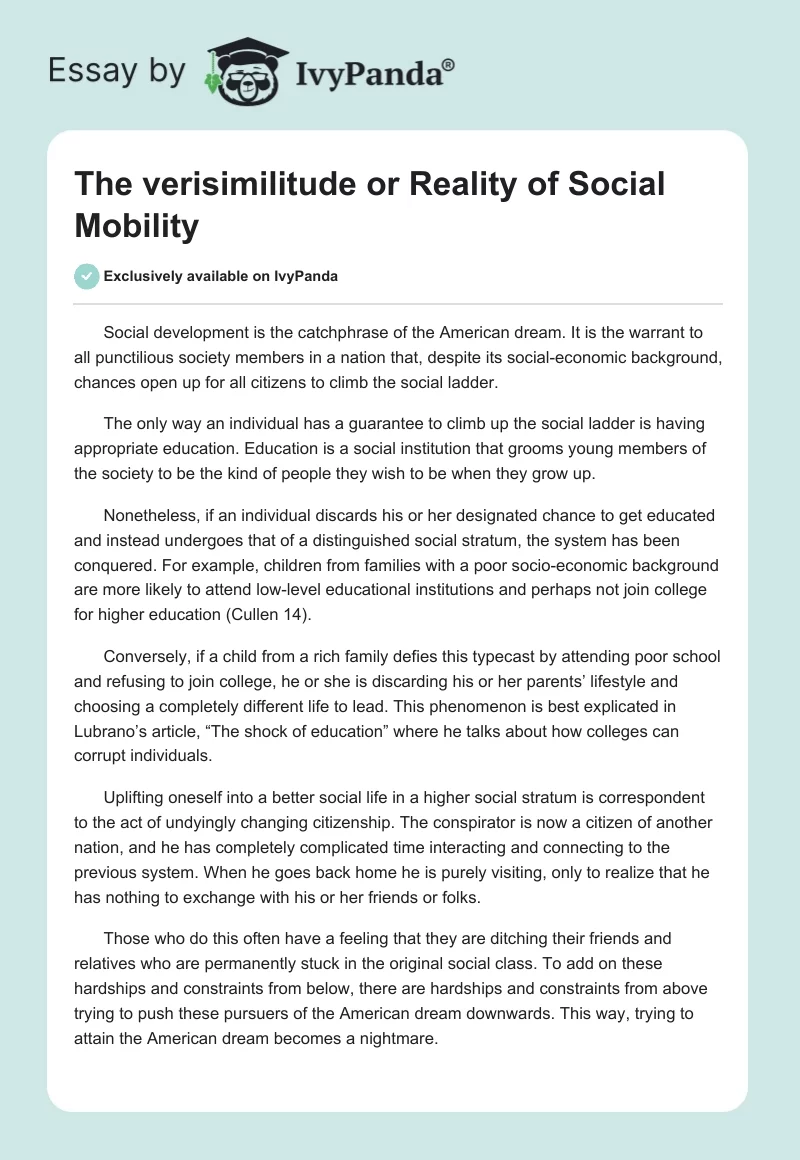 The verisimilitude or Reality of Social Mobility. Page 1