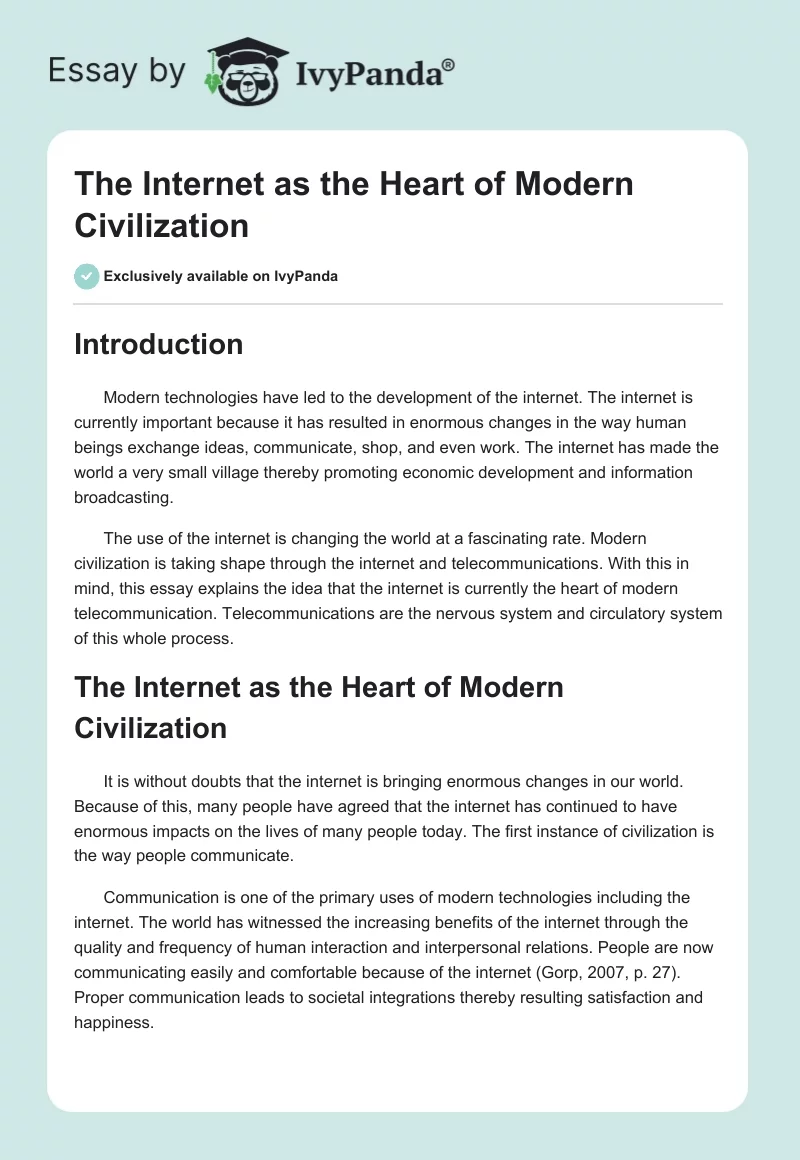 The Internet as the Heart of Modern Civilization. Page 1