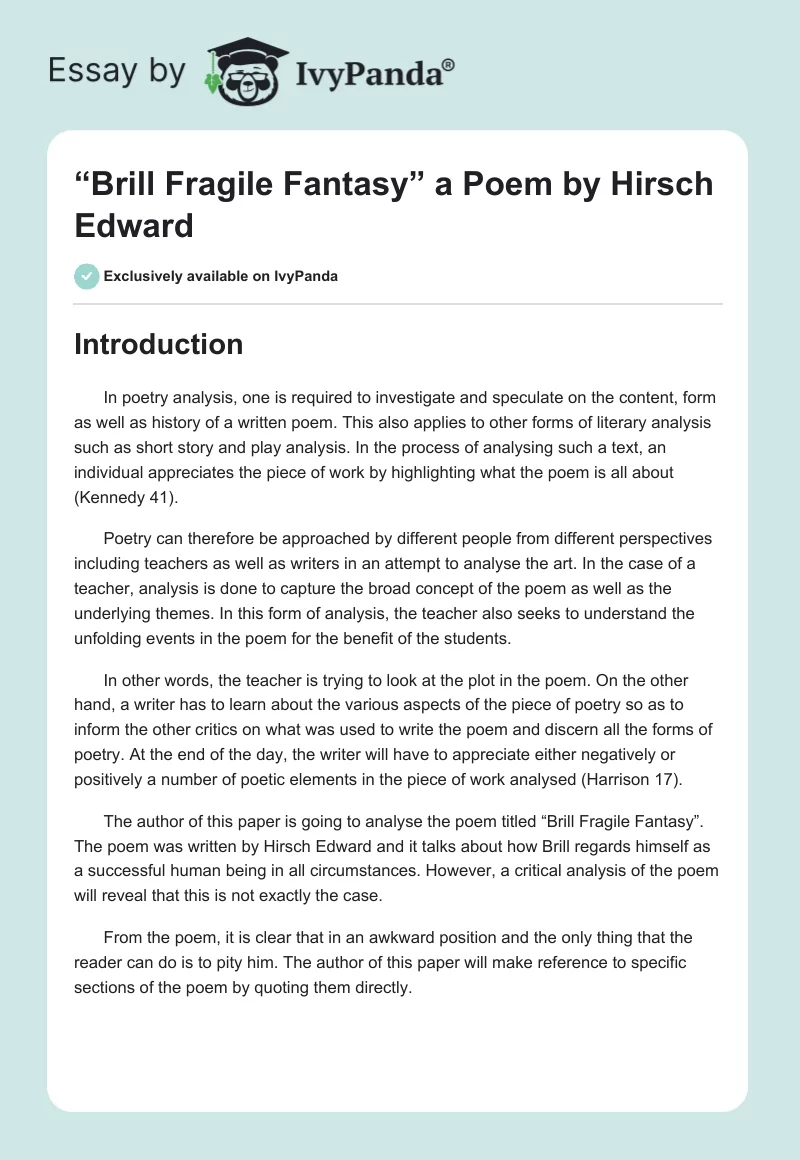 “Brill Fragile Fantasy” a Poem by Hirsch Edward . Page 1