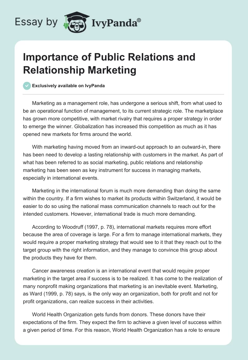 Importance of Public Relations and Relationship Marketing. Page 1