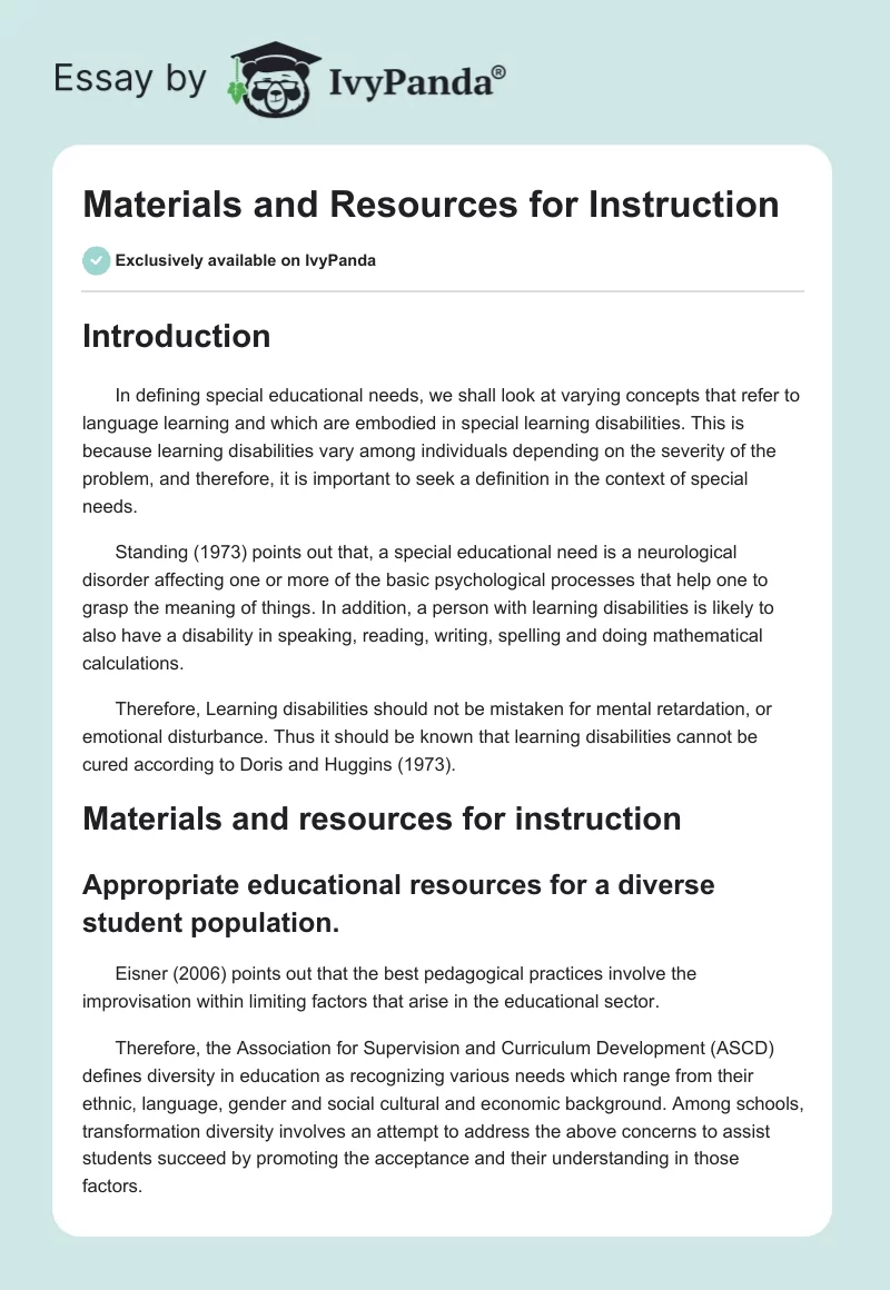 Materials and Resources for Instruction. Page 1