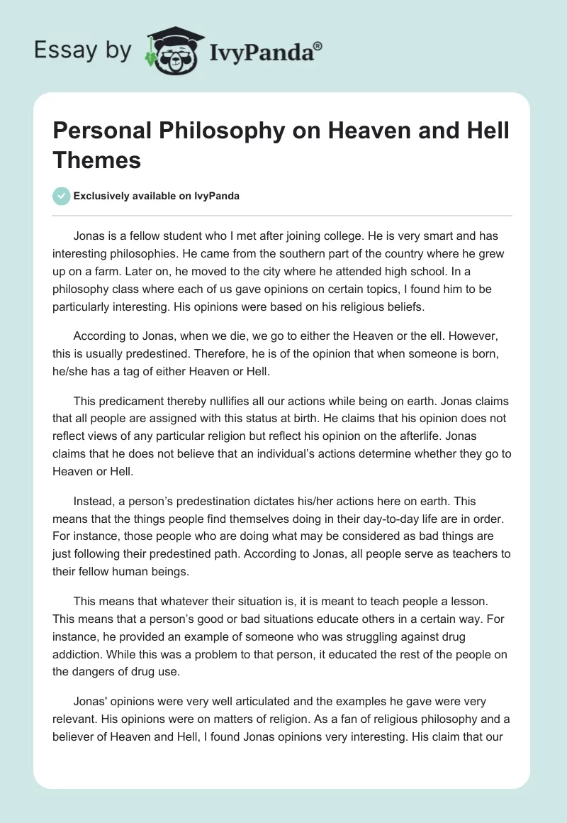 Personal Philosophy on Heaven and Hell Themes. Page 1