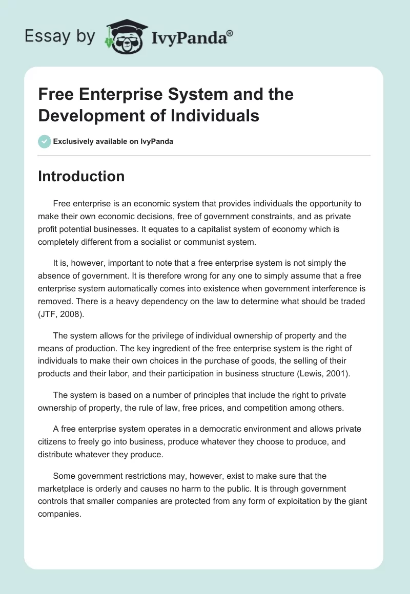 Free Enterprise System and the Development of Individuals. Page 1