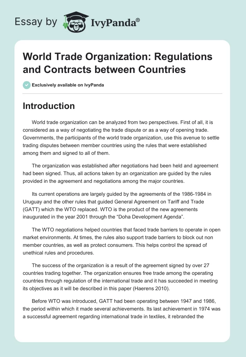 World Trade Organization: Regulations and Contracts between Countries. Page 1