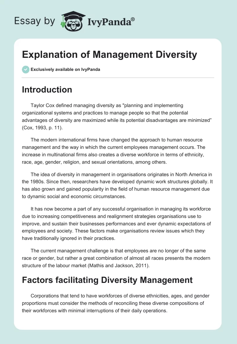 Explanation of Management Diversity. Page 1
