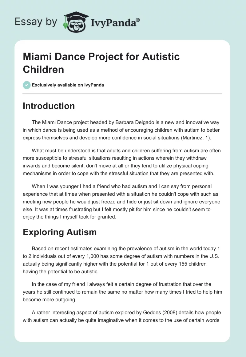 Miami Dance Project for Autistic Children. Page 1