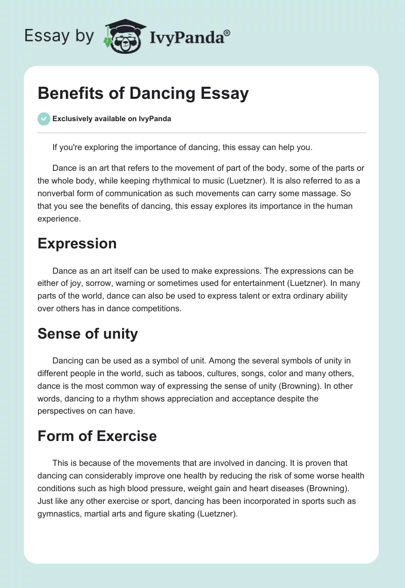 Benefits of Dancing Essay. Page 1