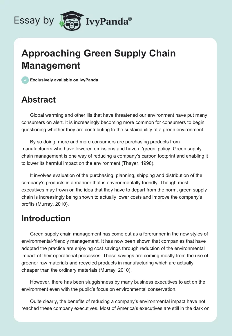 Approaching Green Supply Chain Management. Page 1