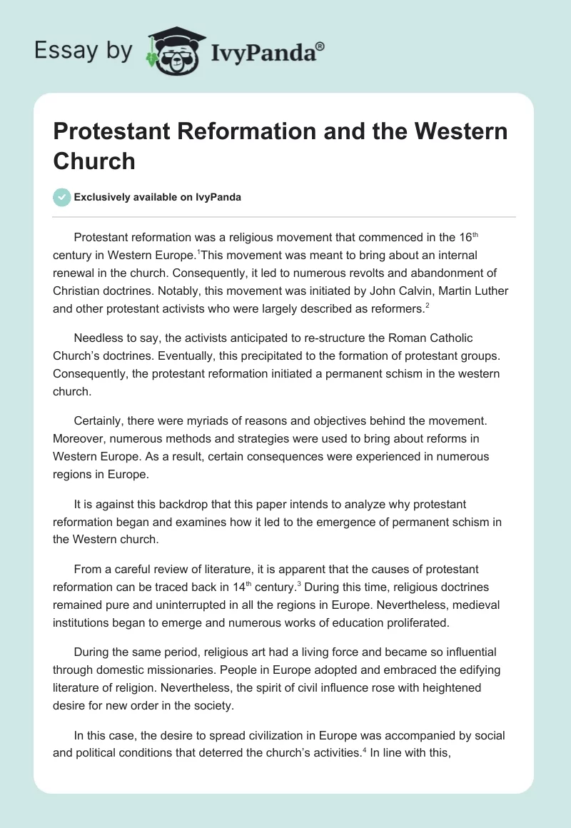 Protestant Reformation and the Western Church. Page 1