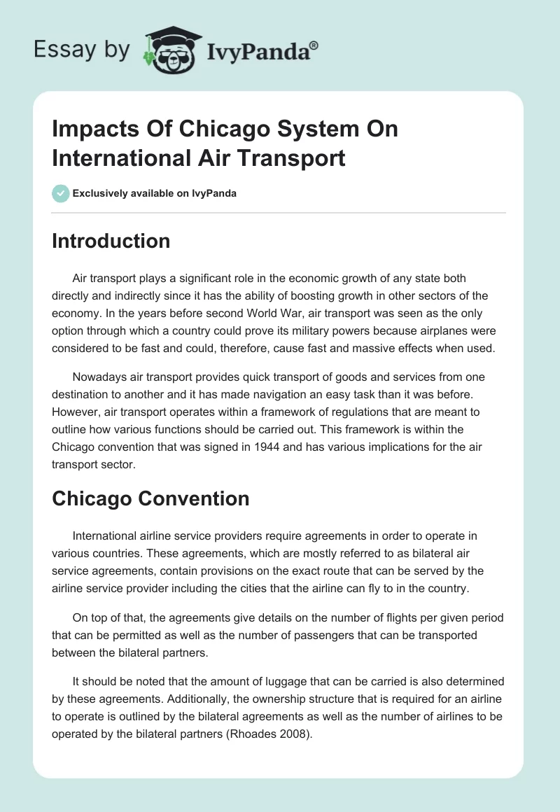 Impacts Of Chicago System On International Air Transport. Page 1