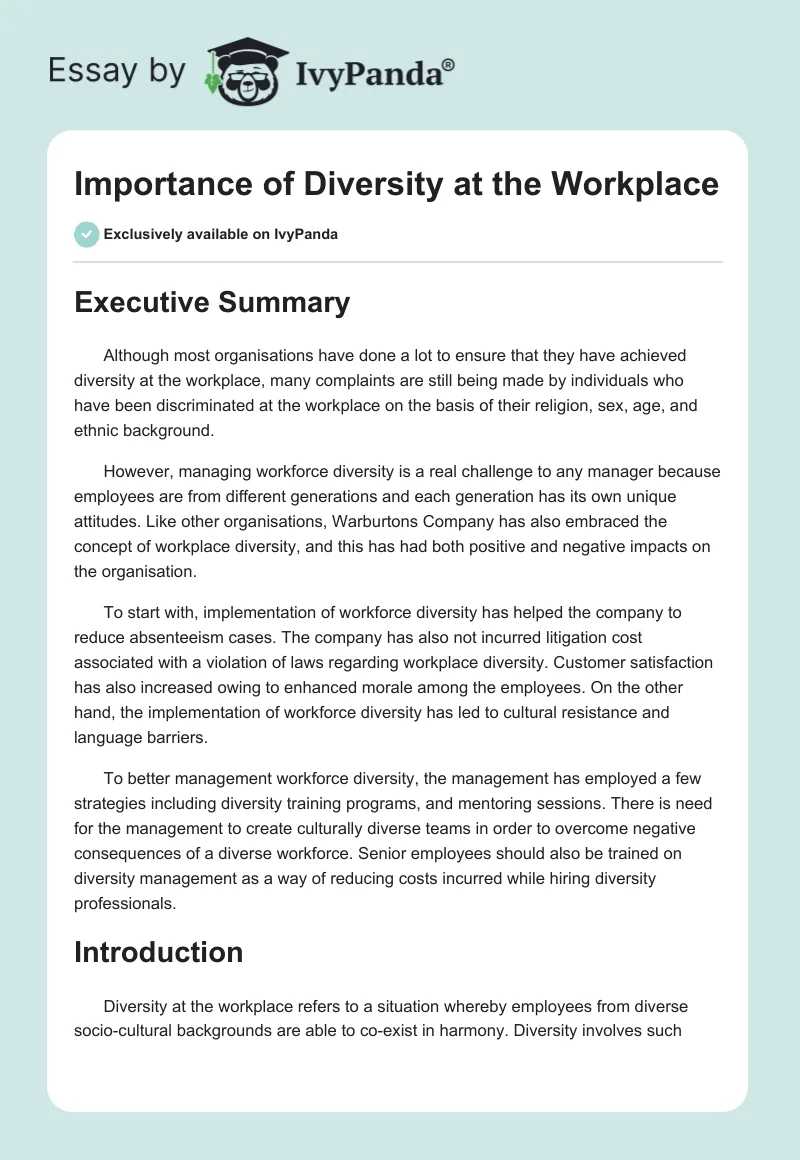 Importance of Diversity at the Workplace. Page 1