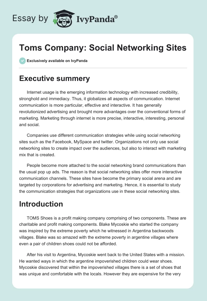 Toms Company: Social Networking Sites. Page 1