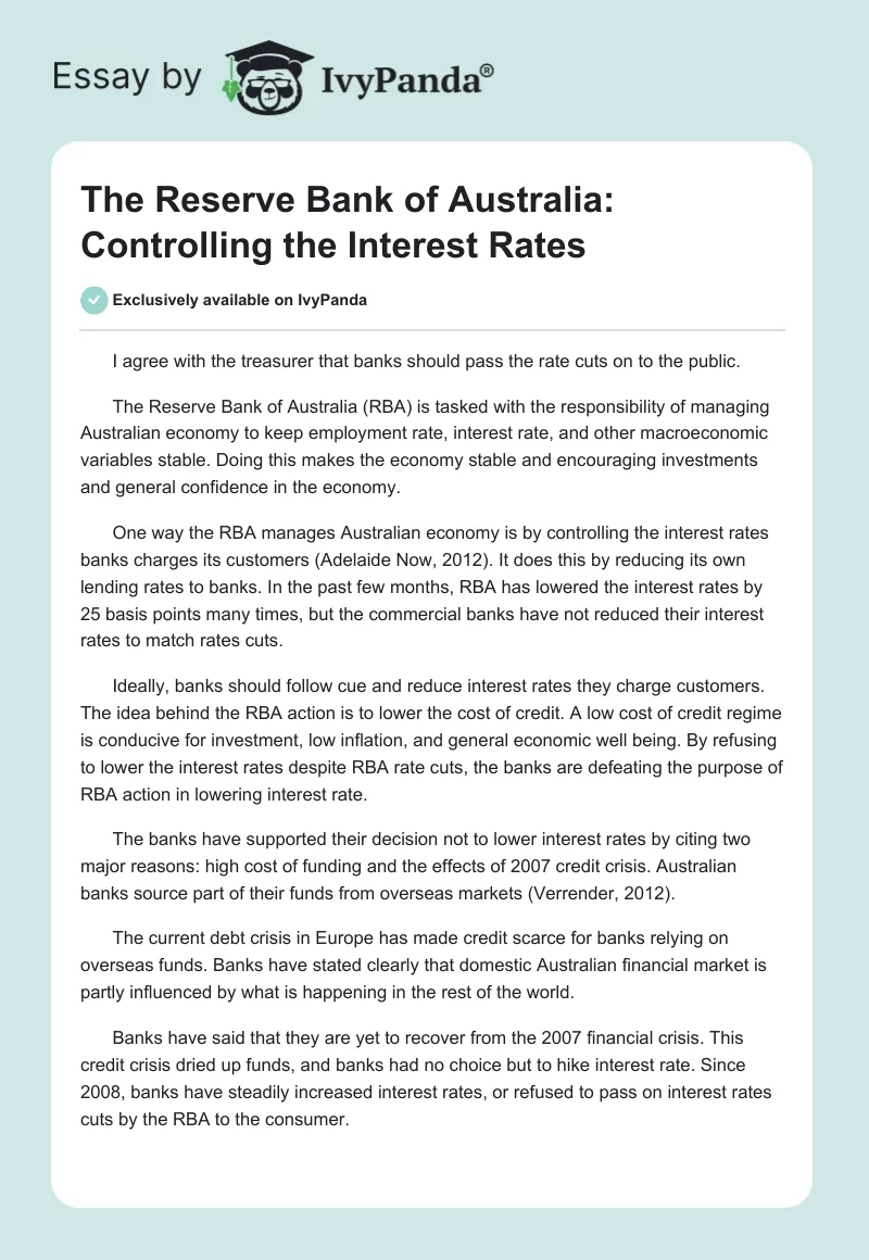 The Reserve Bank of Australia: Controlling the Interest Rates. Page 1