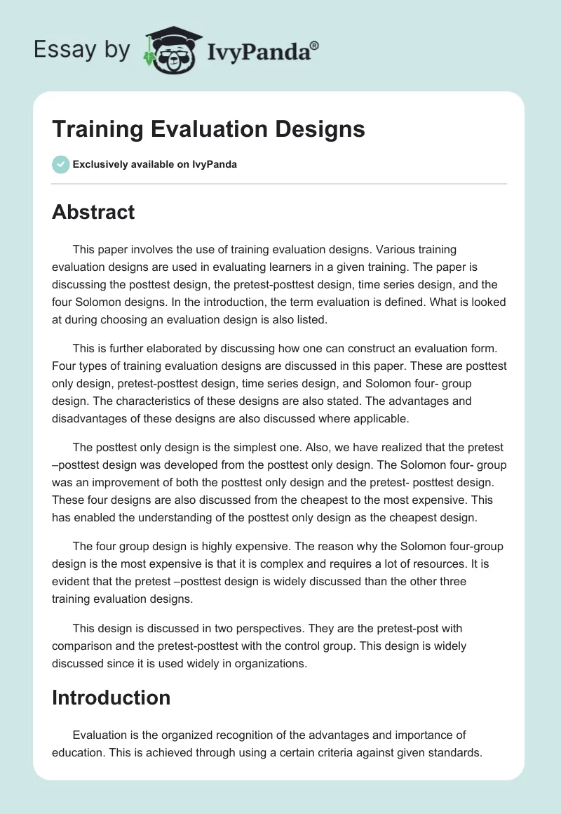 Training Evaluation Designs. Page 1