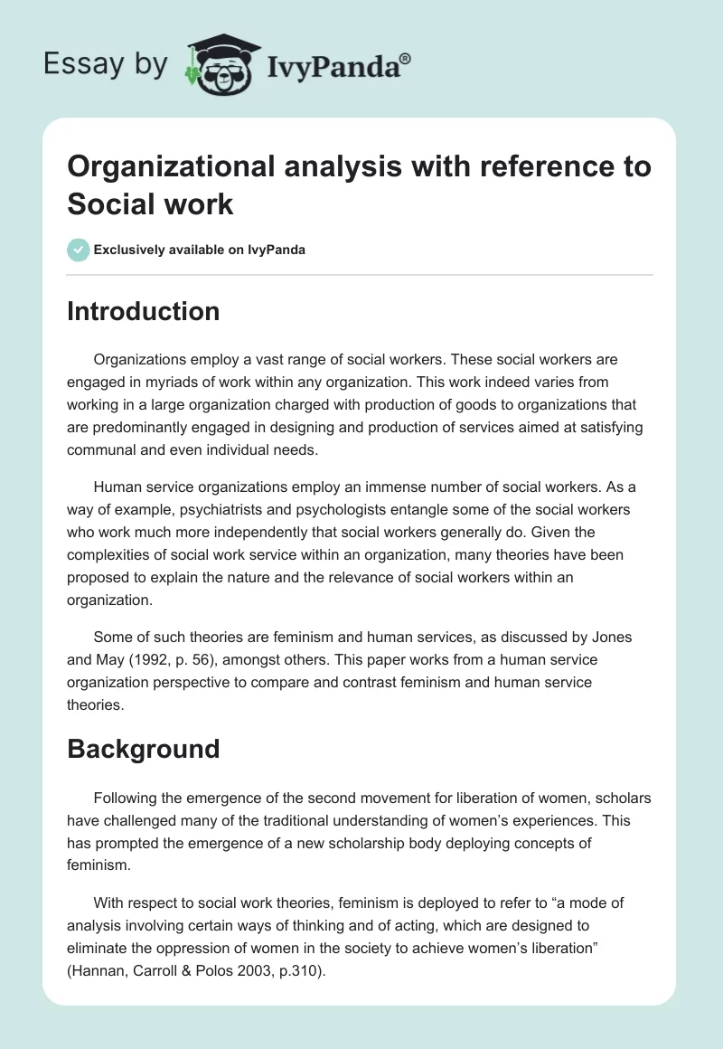 Organizational analysis with reference to Social work. Page 1