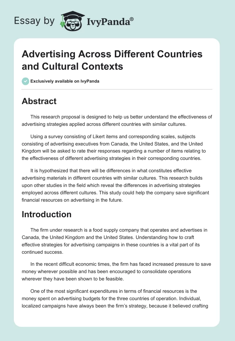 Advertising Across Different Countries and Cultural Contexts. Page 1