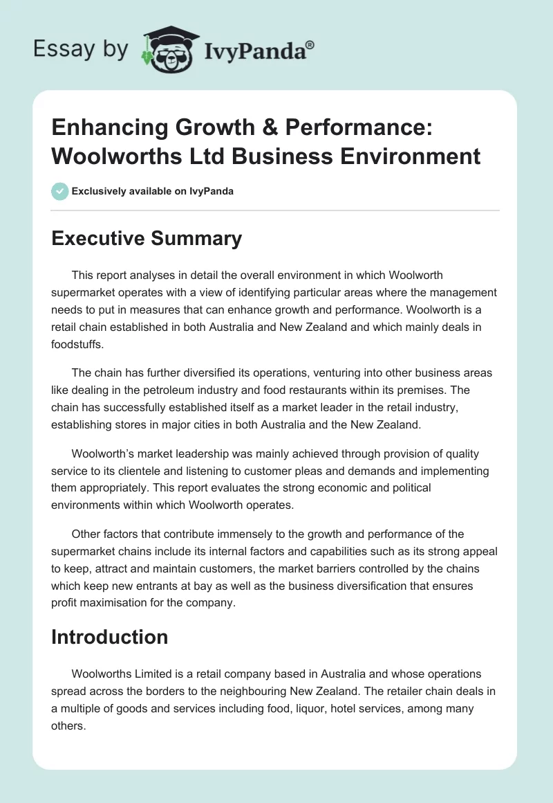 Enhancing Growth & Performance: Woolworths Ltd Business Environment. Page 1