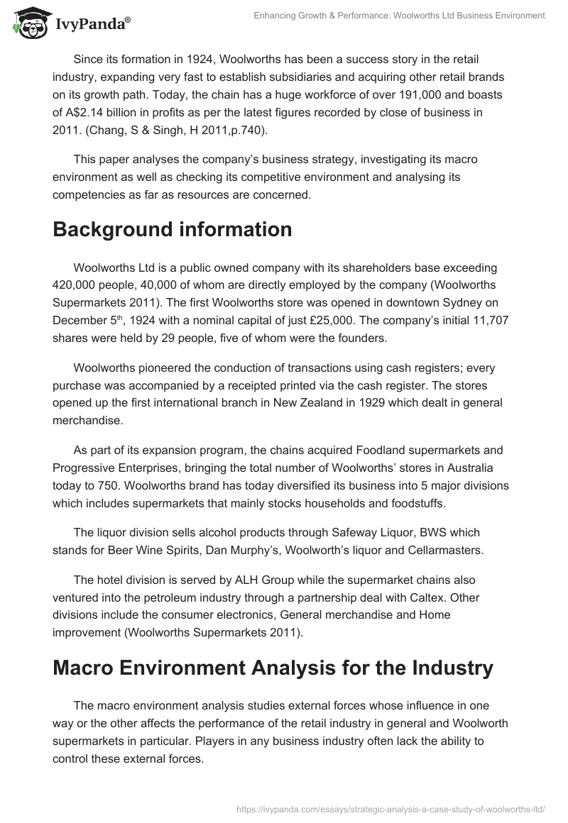Enhancing Growth & Performance: Woolworths Ltd Business Environment. Page 2