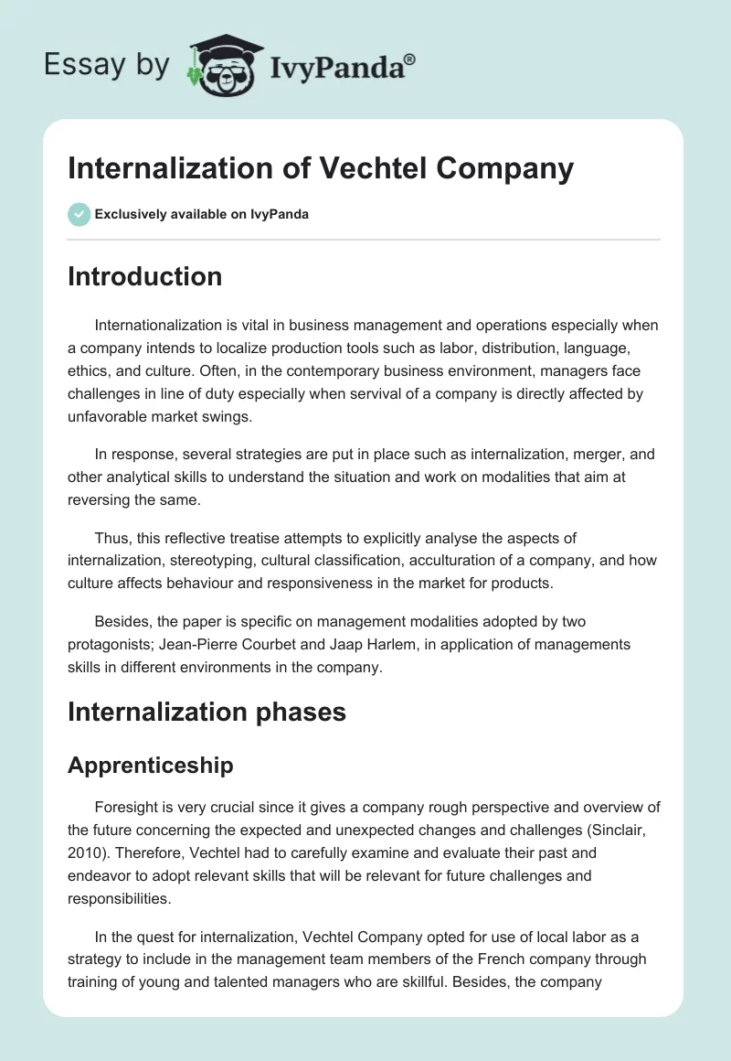 Internalization of Vechtel Company. Page 1