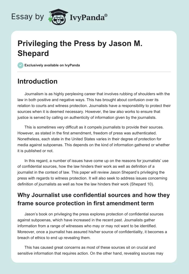 "Privileging the Press" by Jason M. Shepard. Page 1