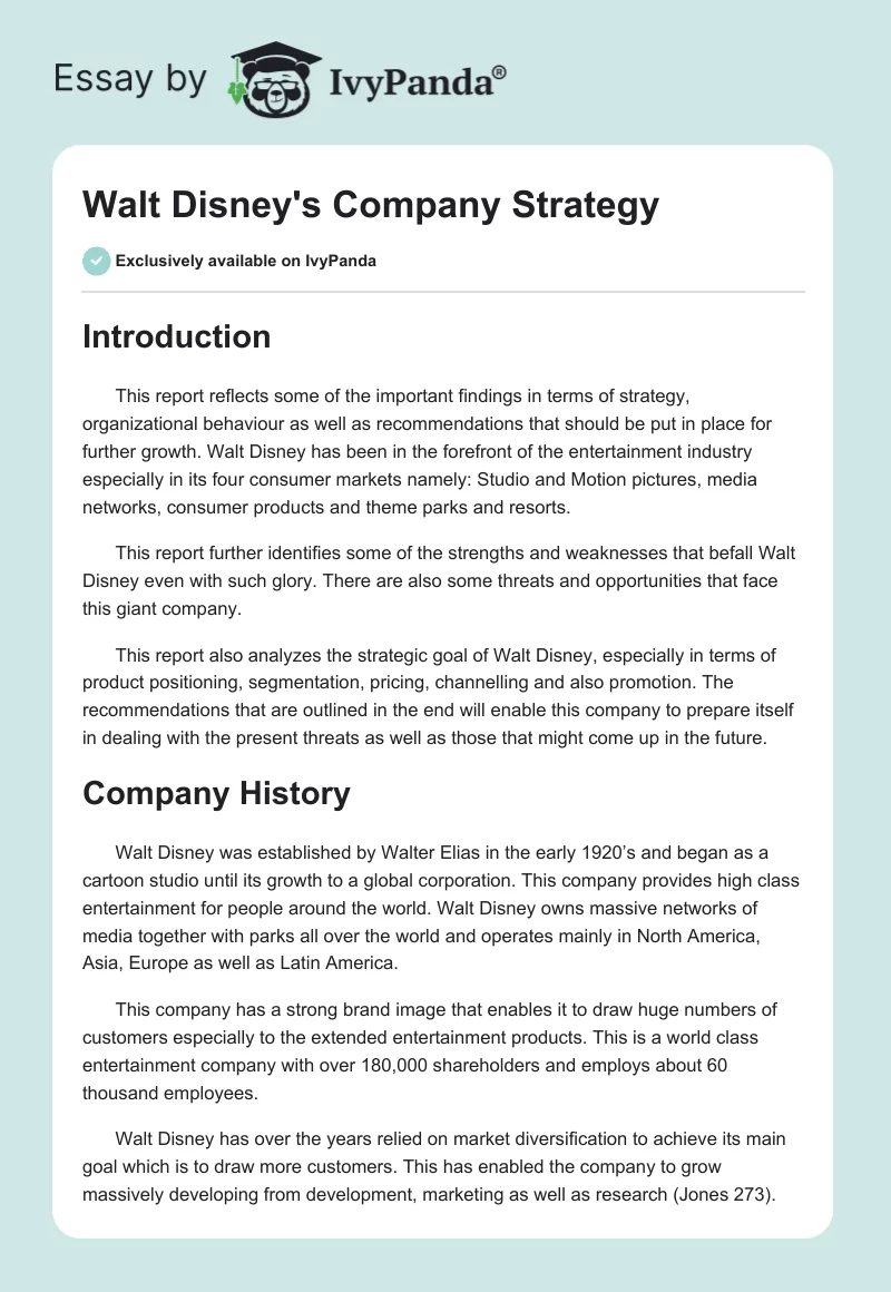 Walt Disney's Company Strategy. Page 1