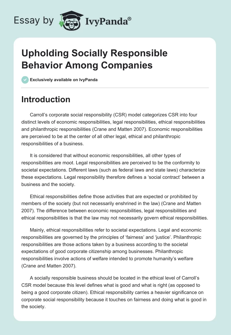 Upholding Socially Responsible Behavior Among Companies. Page 1
